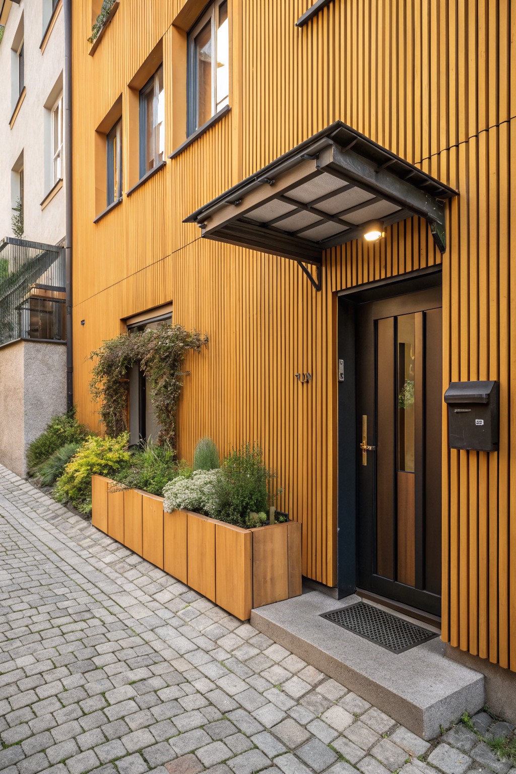 Yellow vertical wood-clad house exterior featuring a dark front door under a metal awning, wooden planters with greenery, and a cobblestone path.