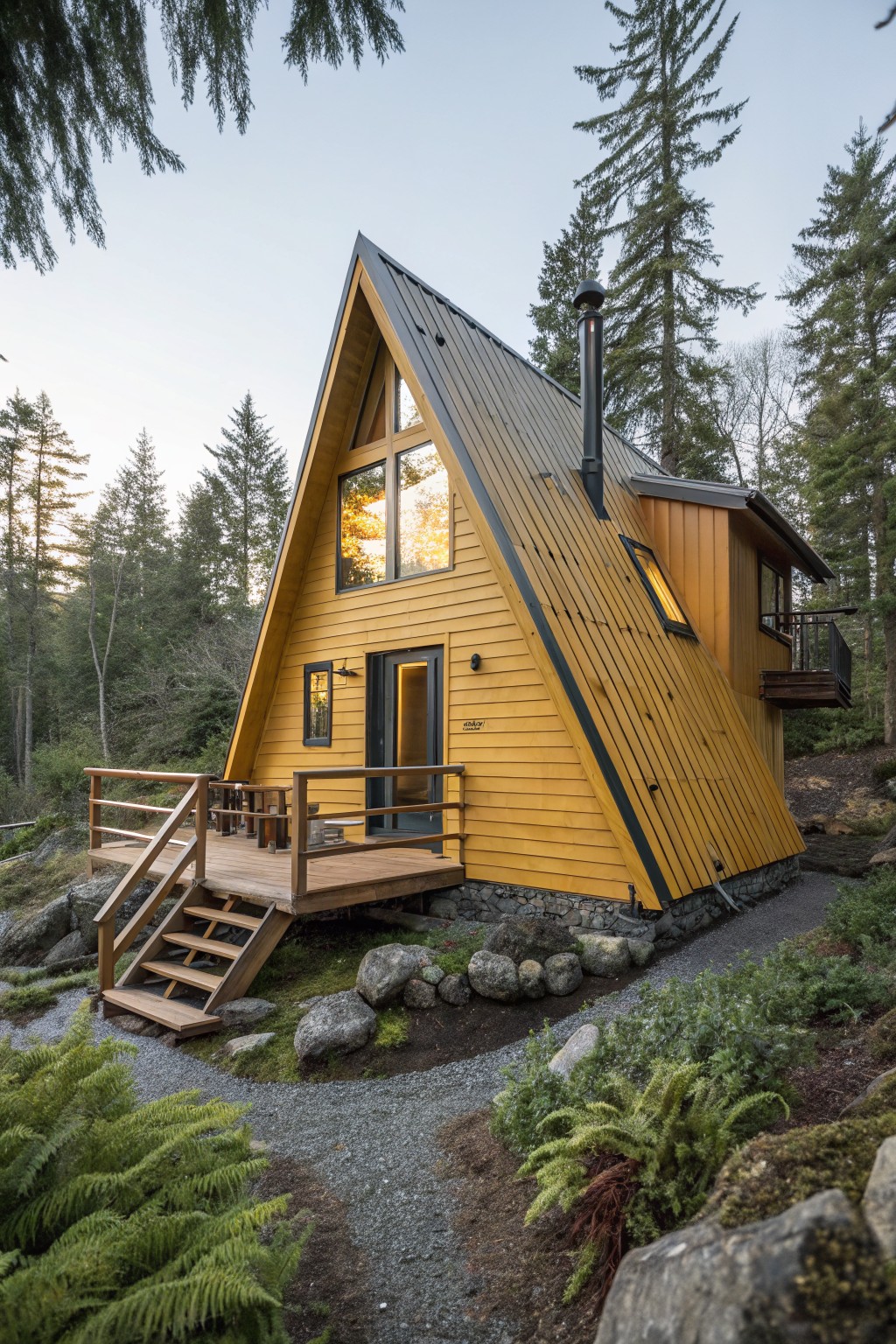 A yellow A-frame house with black metal roof, large front window, wood deck and stairs, surrounded by pine trees, rocks, ferns, and a gravel path on a wooded slope.