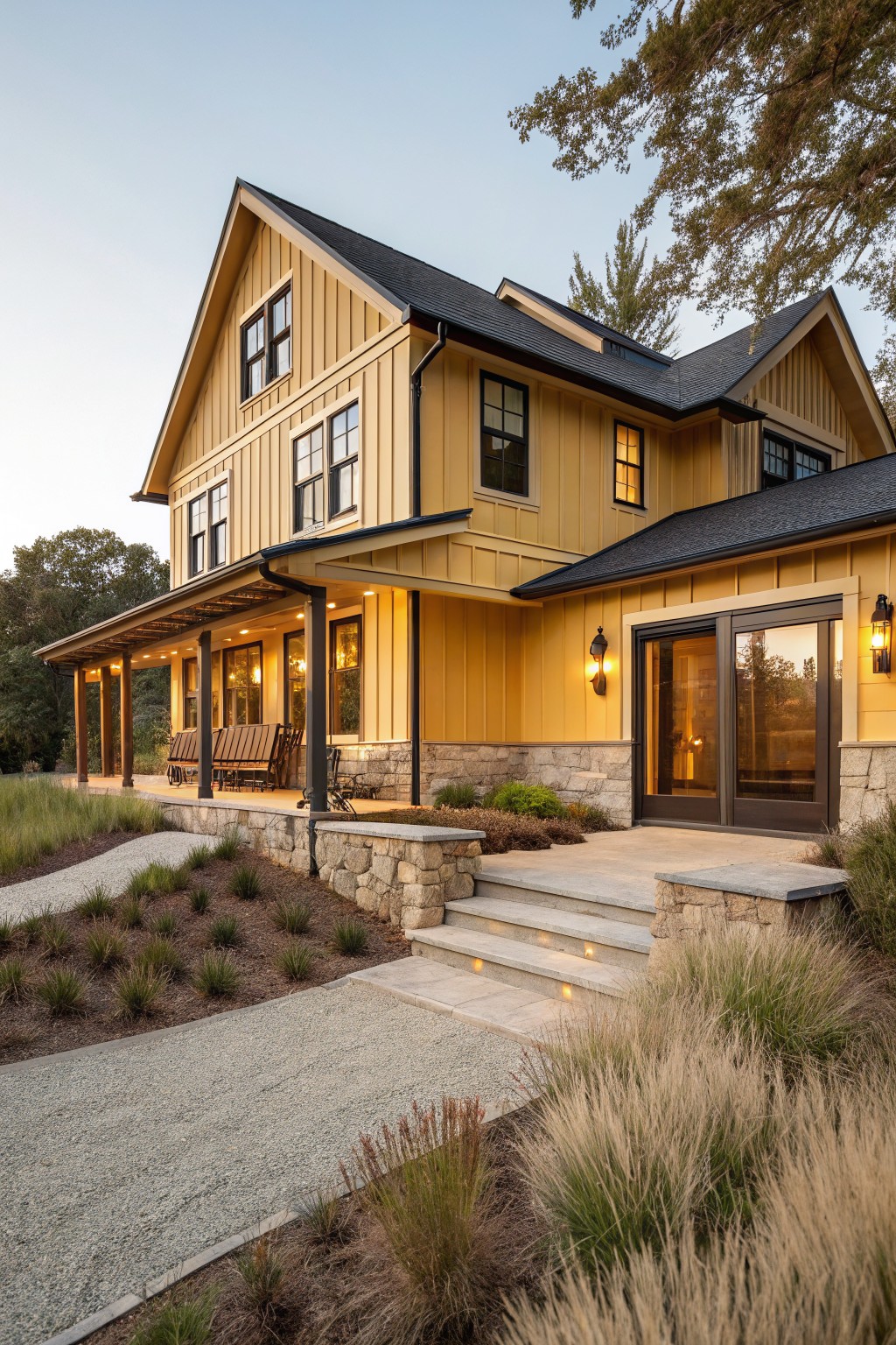 Two-story yellow board-and-batten house exterior with black gable roof, wraparound porch, stone entry steps, gravel path, and native grasses in evening light.