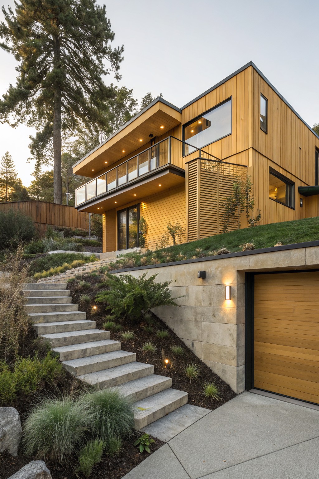 Modern two-story house with yellow wood cladding, black-framed windows and balcony, wooden garage door, concrete stairs up a sloped yard with plants, rocks, and tall pine trees.