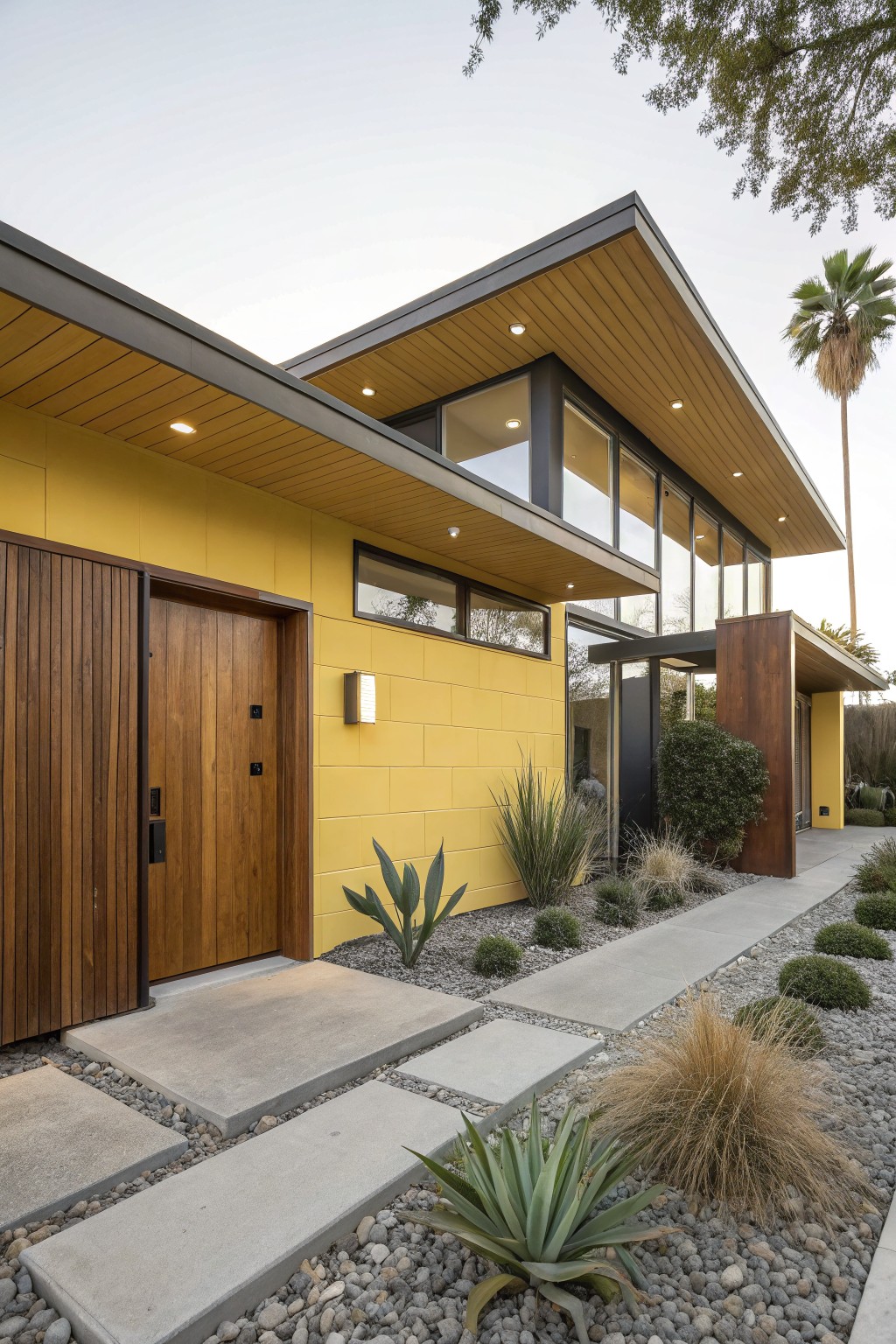 A modern single-story house exterior with yellow stucco walls, a tall wooden front door flanked by vertical wood panels, wood soffits and overhangs, large glass windows, a concrete entry path, gravel ground cover, agave plants, and a palm tree nearby.