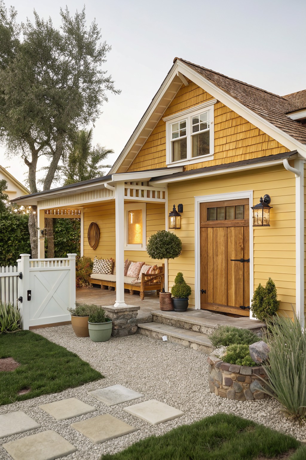 A two-story yellow shingled Craftsman-style house exterior featuring a covered porch with white columns, wooden front door, lanterns, potted plants, boxwood shrubs, stone steps, gravel path, and pavers.