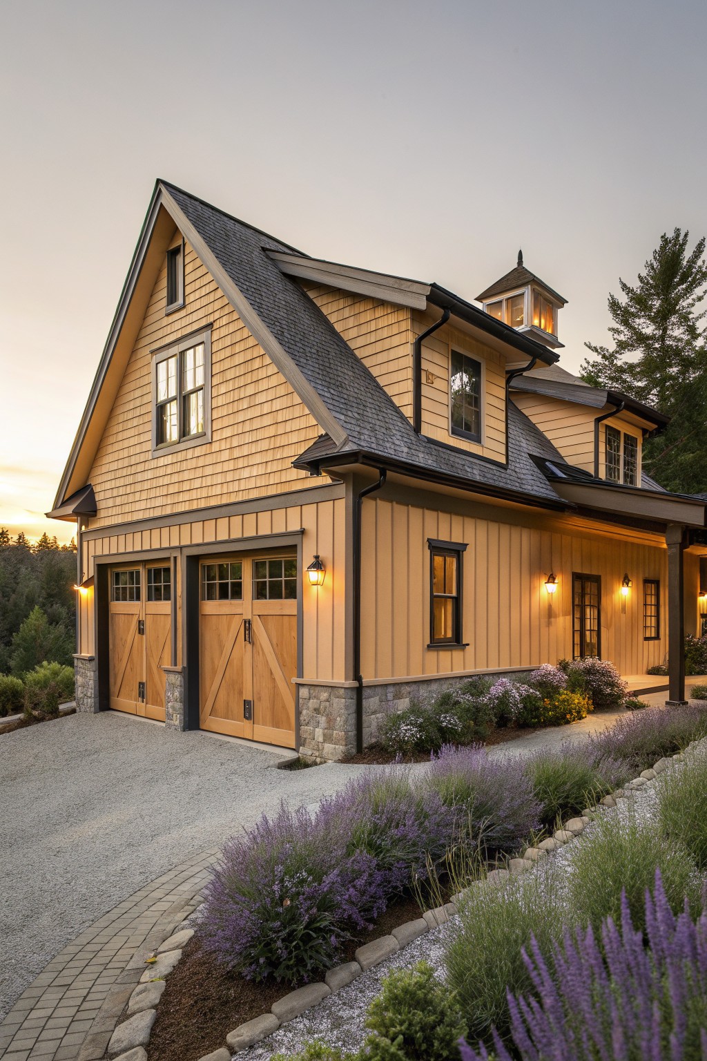 Warm Yellow Shingles with Wood Garage Doors