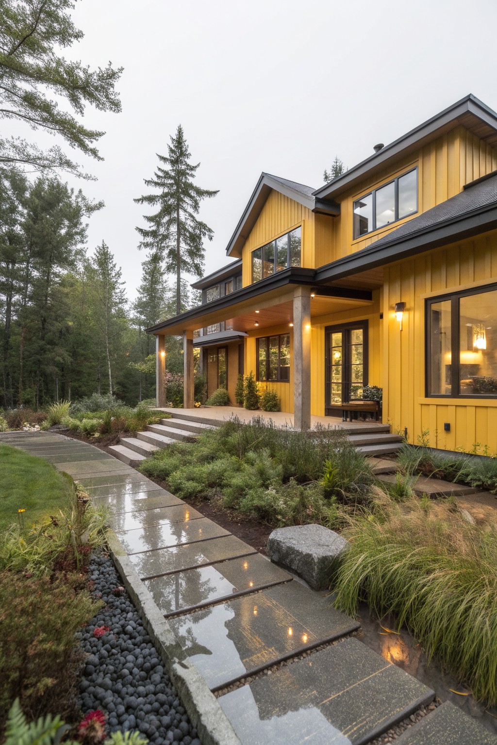 Two-story house with yellow clapboard siding, black trim and roof, covered porch with wood posts, evergreen trees around, wet stone pathway and garden beds leading to entrance.