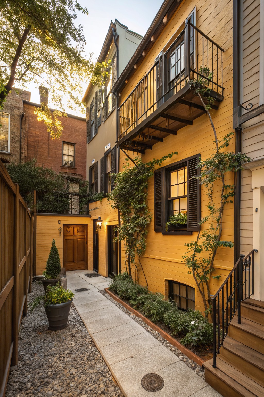 Narrow concrete pathway beside a yellow clapboard house with wood balconies, dark shutters, climbing vines, potted plants, and a wooden entry door.
