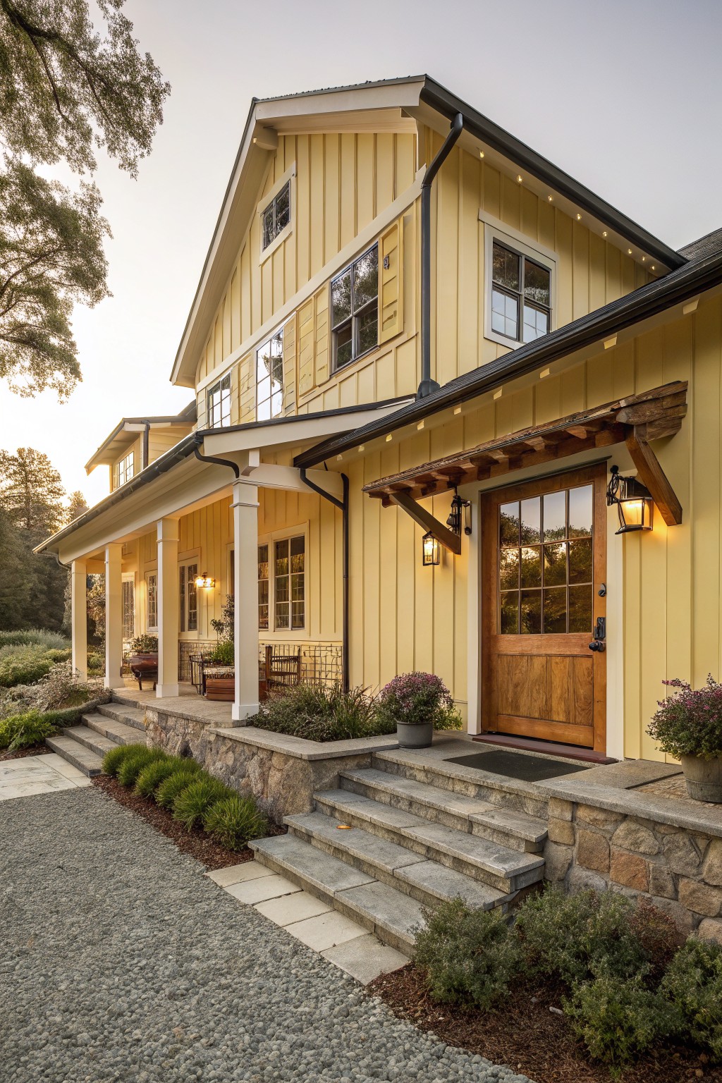 A two-story yellow board-and-batten house exterior with a covered front porch featuring wooden columns, a paneled wood door, stone steps, gravel path, and low plantings.