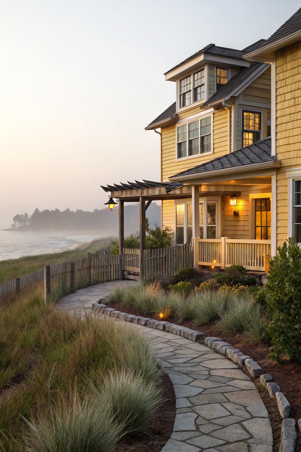 Yellow clapboard house with dark shingled roof and wood pergola over the front porch, flanked by lanterns and a curved stone path through tall grasses near the ocean and dunes at dusk.