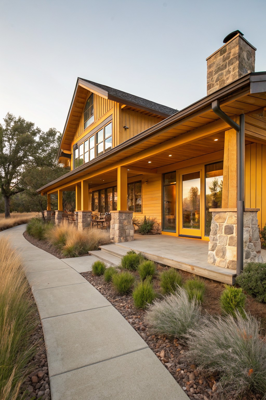 Warm yellow wood-sided house with covered porch supported by stone pillars and wood beams, curved concrete path lined with grasses leading to steps, oak trees and hillside in background.