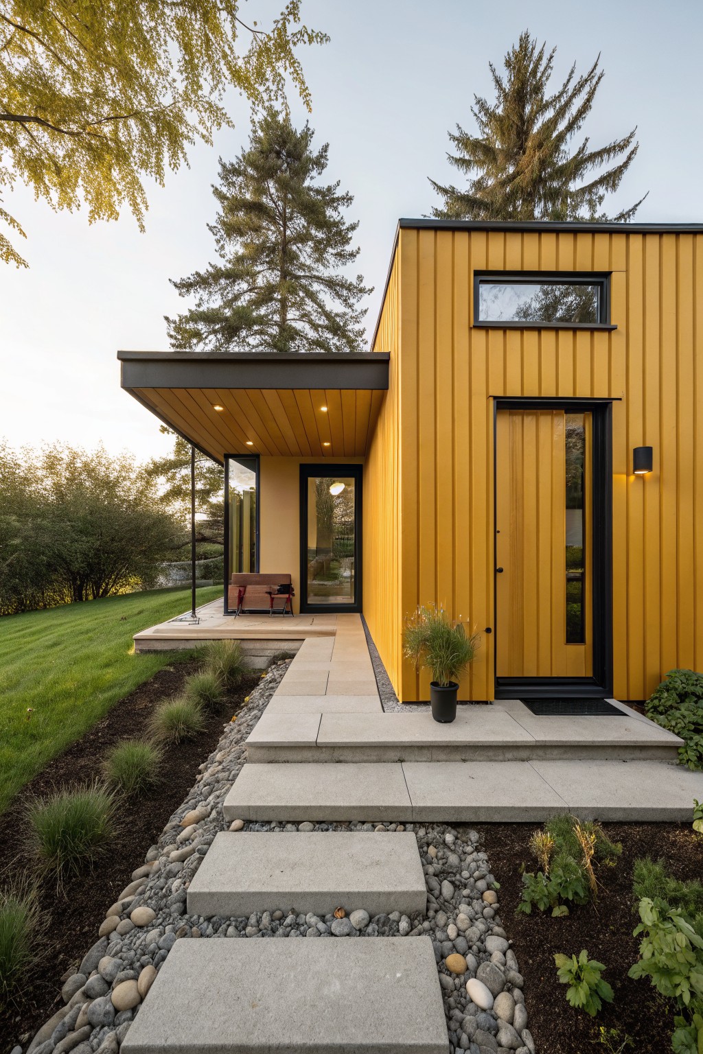 Compact modern house with yellow vertical siding, black-trimmed glass door and window, cantilevered wood porch overhang with lights, concrete steps, gravel path, and plants at base near grass lawn.