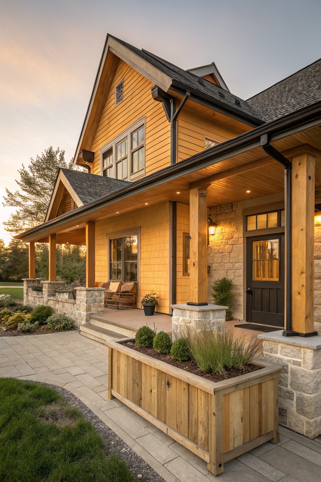 A two-story house with yellow clapboard siding, dark shingle roof, covered porch supported by wooden posts, stone foundation, and front landscaping including planters and pathway.