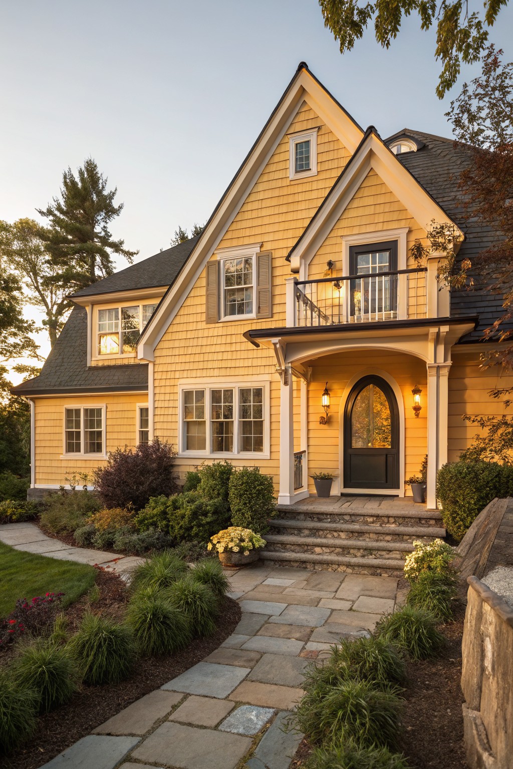 A two-story house with yellow shingle siding, dark wood trim, an arched black front door under a porch with columns, flanked by lanterns, stone steps, and landscaped shrubs along a flagstone path.