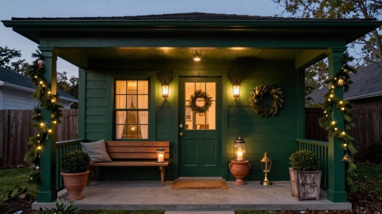 Green clapboard house porch at dusk decorated with evergreen garlands strung with lighted plastic nutcrackers draped on white columns, a green door with fir wreath, wall lantern, wooden bench with pillows and jar candles, potted plants, and a seagrass rug on the steps.