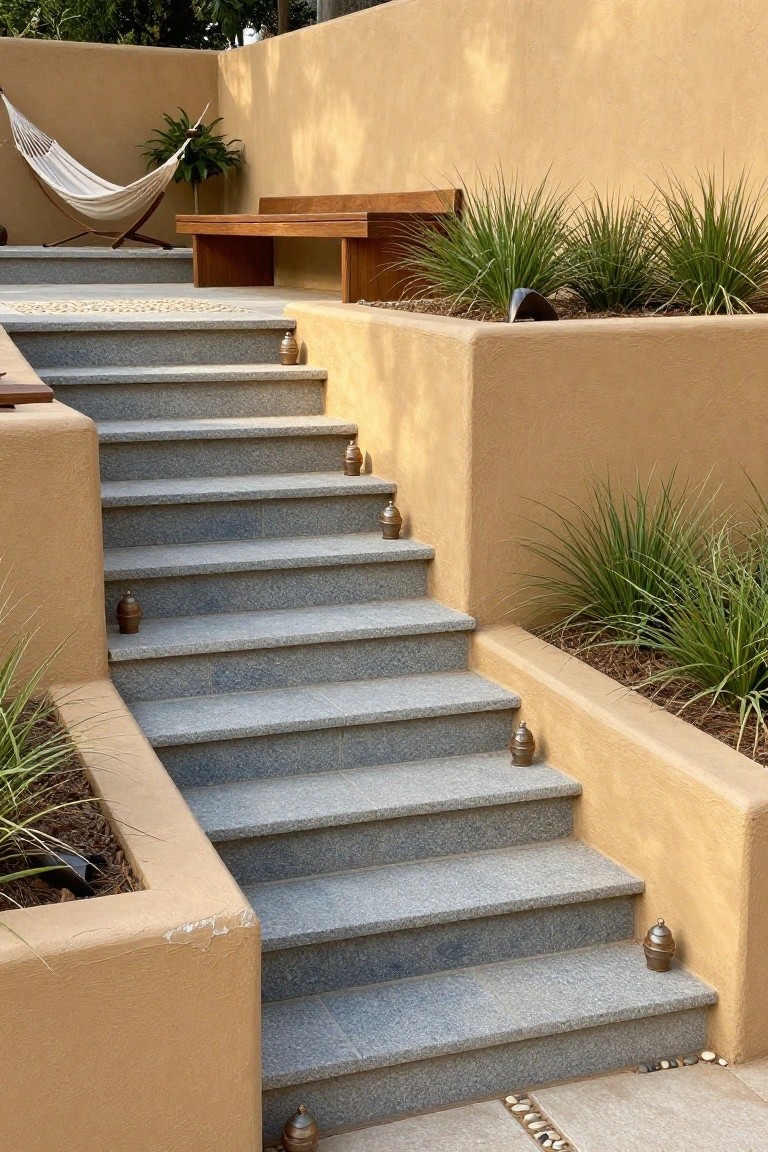Granite stairs ascending between beige stucco walls and raised planters with ornamental grasses, small bronze lanterns positioned on several step corners, wooden bench and white hammock on the upper landing.