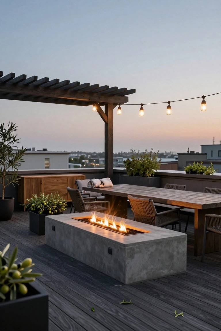 Rooftop terrace deck at dusk with wooden pergola and string lights overhead, rectangular concrete linear gas fire pit with flames, teak dining table and woven chairs, potted plants including olive trees, and urban buildings in the background.