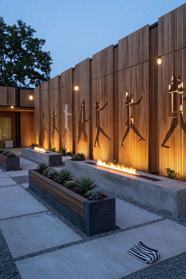 Modern outdoor patio at dusk with a long linear gas fire pit flanked by wooden planters containing agave plants, a tall vertical wooden fence with cutout human silhouette figures, string lights overhead, and concrete pavers with gravel accents.