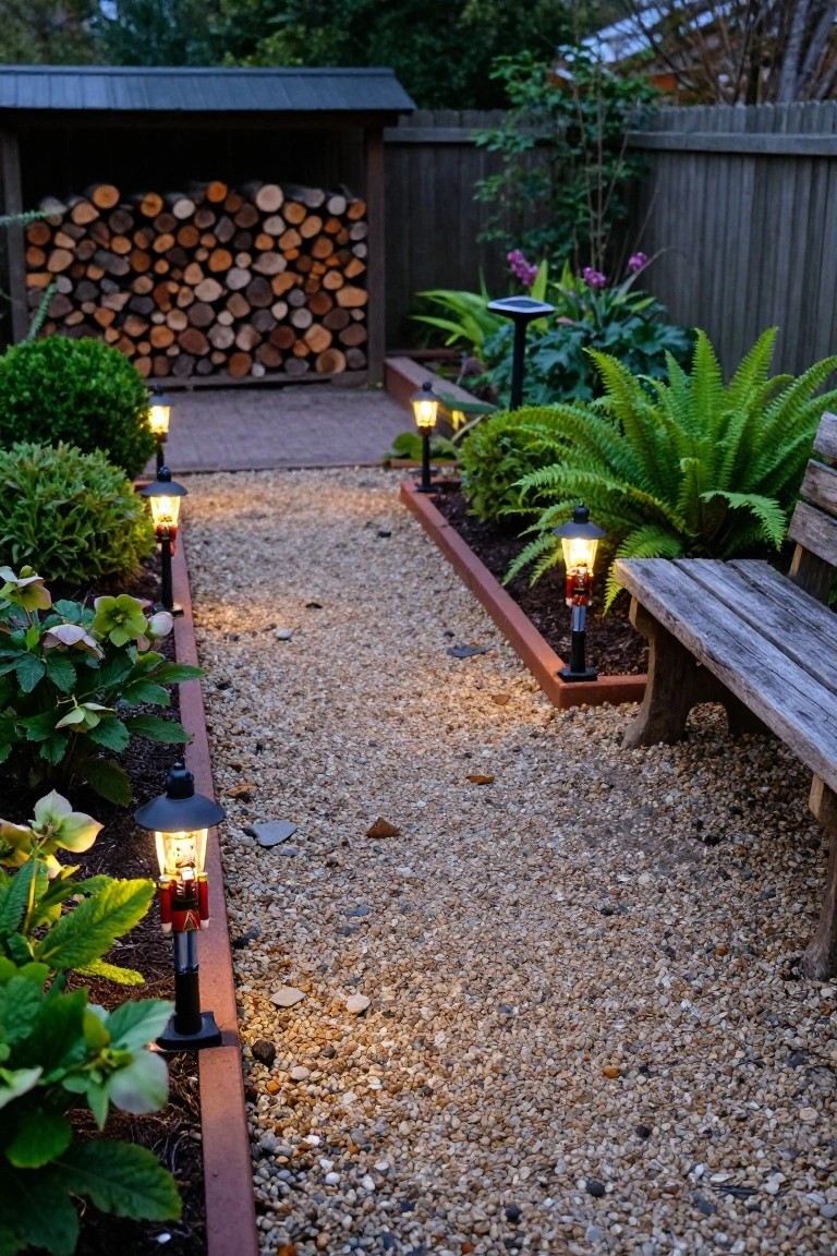 Gravel garden path bordered by raised planting beds with ferns, hostas, and boxwoods, lit by several black solar-powered nutcracker lanterns, leading past a wood stack to a wooden bench beside a shed.