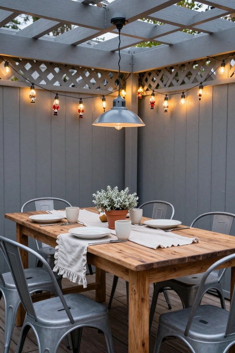 Gray pergola-covered outdoor dining area with nutcracker string lights draped along the beams, a wooden table set with white plates and cups, and metal chairs on a deck.