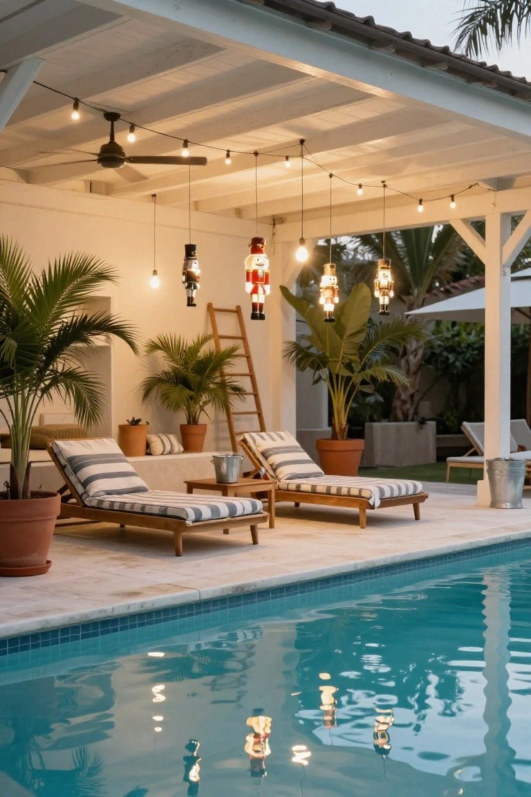 Covered outdoor patio with striped cushioned teak lounge chairs on a tiled deck next to a turquoise pool, potted palms and plants, wooden ladder, hanging illuminated nutcracker Christmas figures and string lights from white pergola beams, ceiling fan above, at dusk.