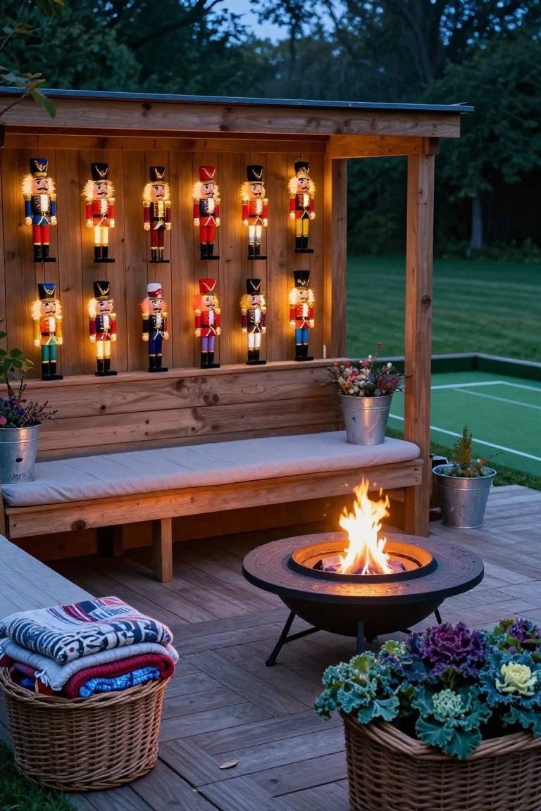 Wooden outdoor shelter with multiple illuminated nutcracker figures mounted on the wall above a cushioned bench, a central fire pit, stacked blankets in a basket, metal buckets with plants, and a green court in the background.