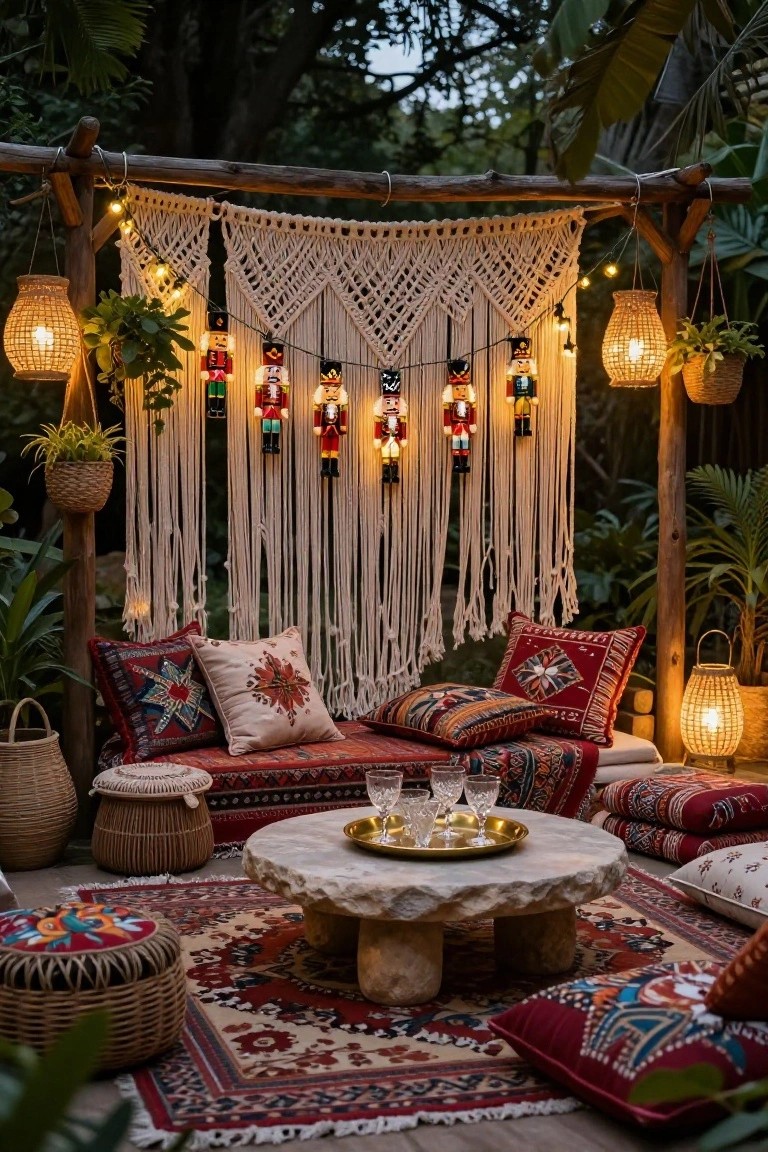 Outdoor seating area with white macrame curtain backdrop hung with lit nutcracker figures, colorful cushions and rugs around a low stone table, rattan lanterns, plants, and string lights in a garden setting.