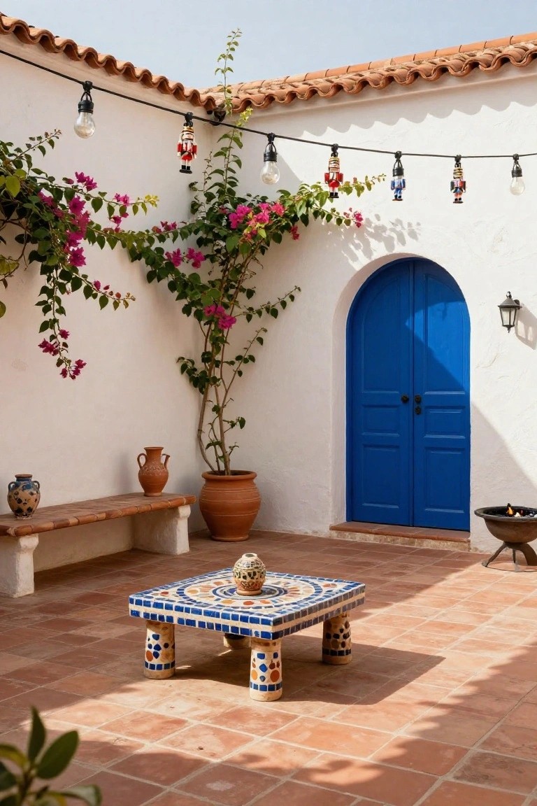 White stucco outdoor patio with terracotta tile floor, blue arched door, climbing bougainvillea, potted plants, wooden bench, mosaic-topped table, fire pit, and string lights with hanging nutcracker figures.