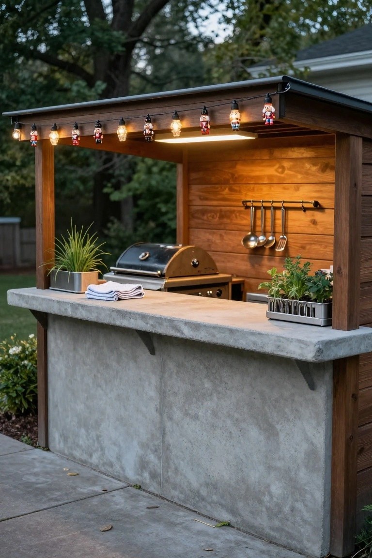 Wooden outdoor kitchen pavilion with sloped roof, concrete countertop, built-in black grill, hanging utensils, potted plants, nutcracker string lights, and backyard patio setting.