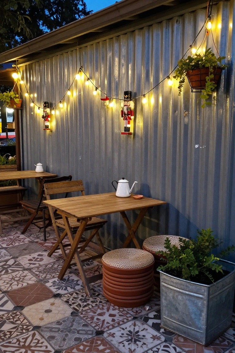 Outdoor patio area featuring a corrugated metal wall hung with string lights and several nutcracker figures, wooden folding tables with white teapots, potted plants, woven stools, and patterned tile floor.
