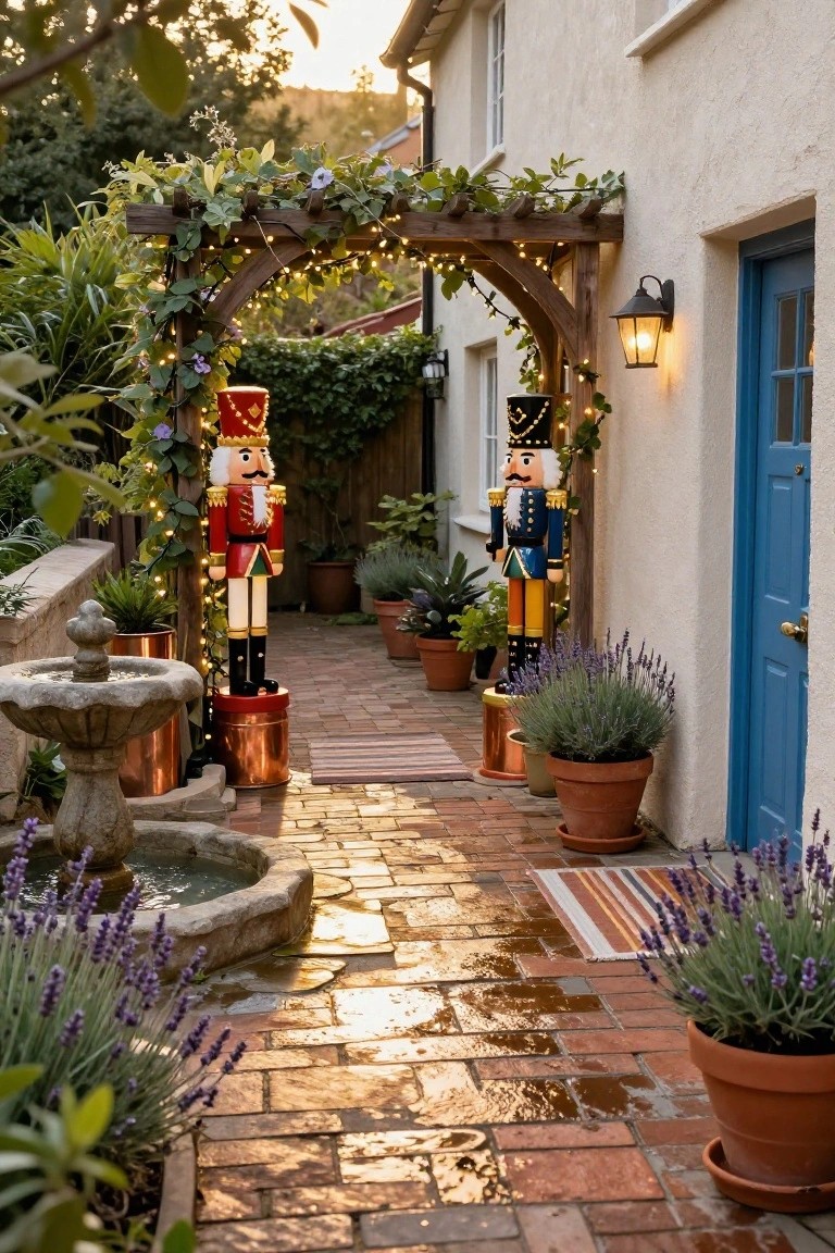 Outdoor brick pathway leading to a blue door on a white stucco house wall, flanked by a tall red nutcracker soldier on the left and a tall navy nutcracker soldier on the right, with a vine-covered wooden arch strung with white lights overhead, stone fountain and potted lavender plants nearby, at sunset with wet paving stones.