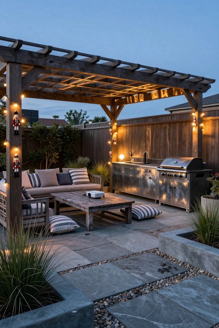 Wooden pergola over outdoor seating area with sofa, coffee table, projector, stainless steel kitchen counter with grill and sink, plants, string lights, and Nutcracker figures hanging from posts at dusk.
