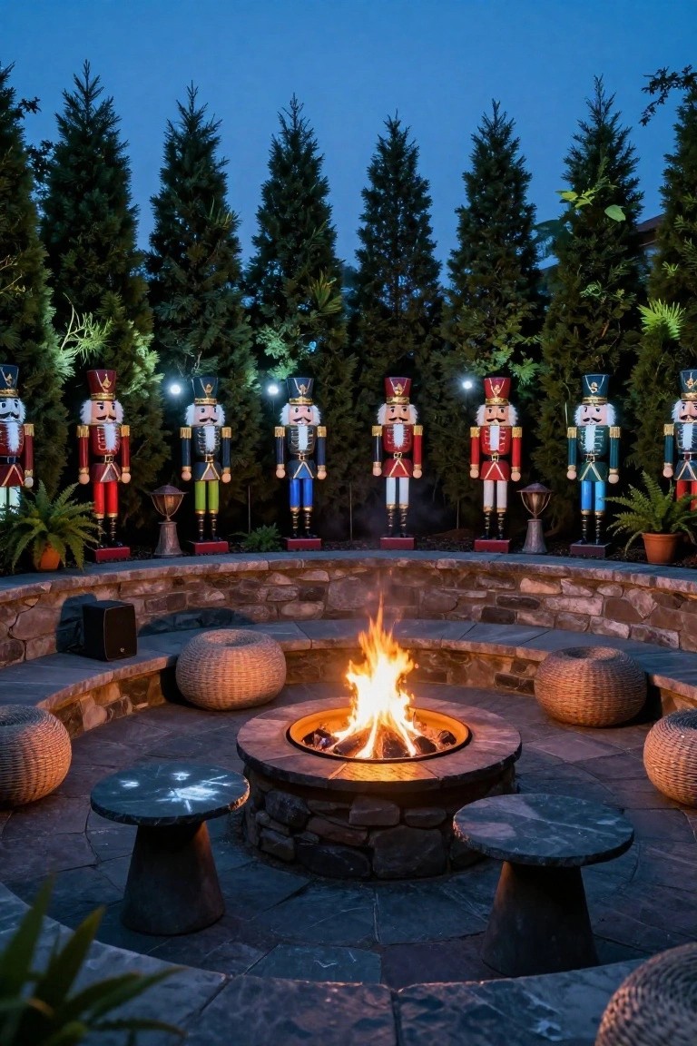 Outdoor fire pit area at dusk with cushioned seats arranged in a circle around the flames, a low dark table nearby, and a lineup of large colorful lit nutcracker figures against evergreen trees and stone walls.