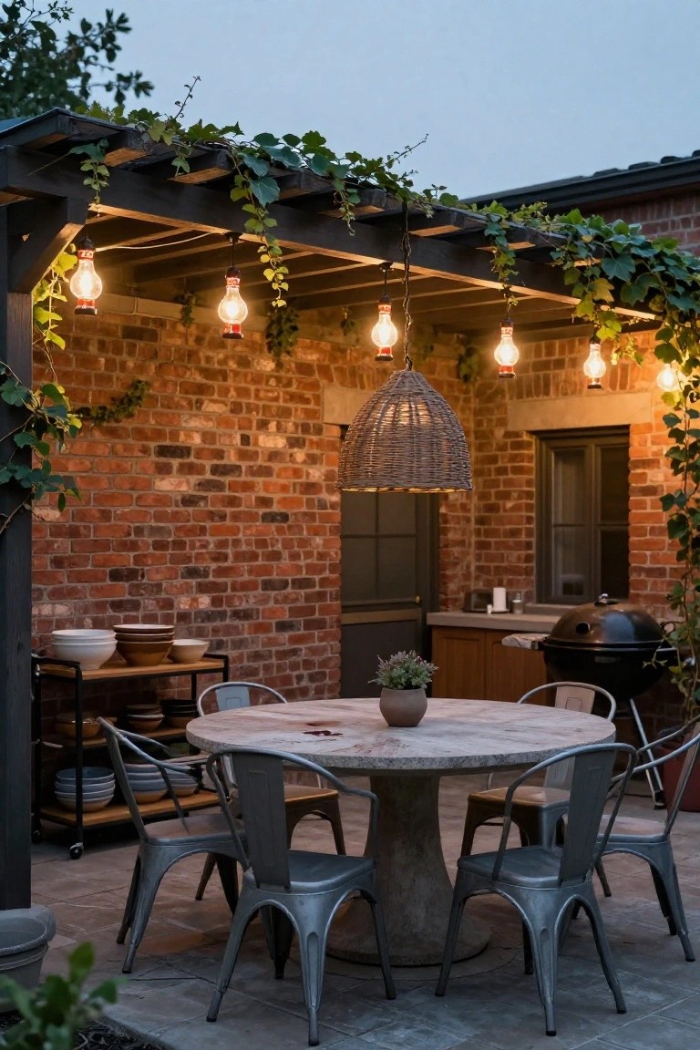 Outdoor patio under a wooden pergola draped with ivy and lit by hanging string lights with oversized bulbs and a central rattan pendant, surrounding a round stone table with metal chairs, brick wall, outdoor kitchen counter, and grill.