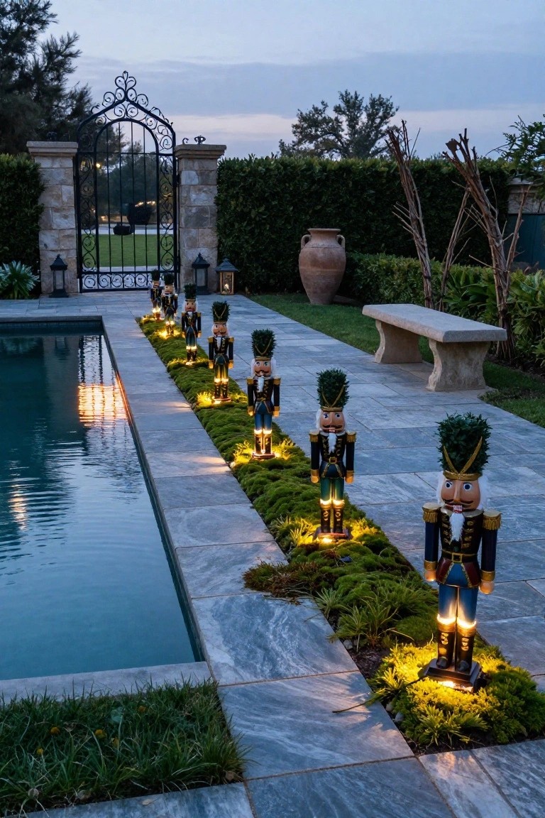 A row of large black nutcracker soldier statues with illuminated bases lines the edge of a rectangular blue swimming pool at dusk, surrounded by mossy plants on gray stone decking, with a bench, terracotta pot, lanterns, and wrought iron gate nearby.