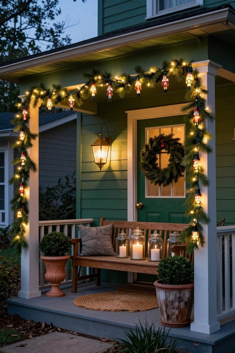 Green clapboard house porch at dusk decorated with evergreen garlands strung with lighted plastic nutcrackers draped on white columns, a green door with fir wreath, wall lantern, wooden bench with pillows and jar candles, potted plants, and a seagrass rug on the steps.