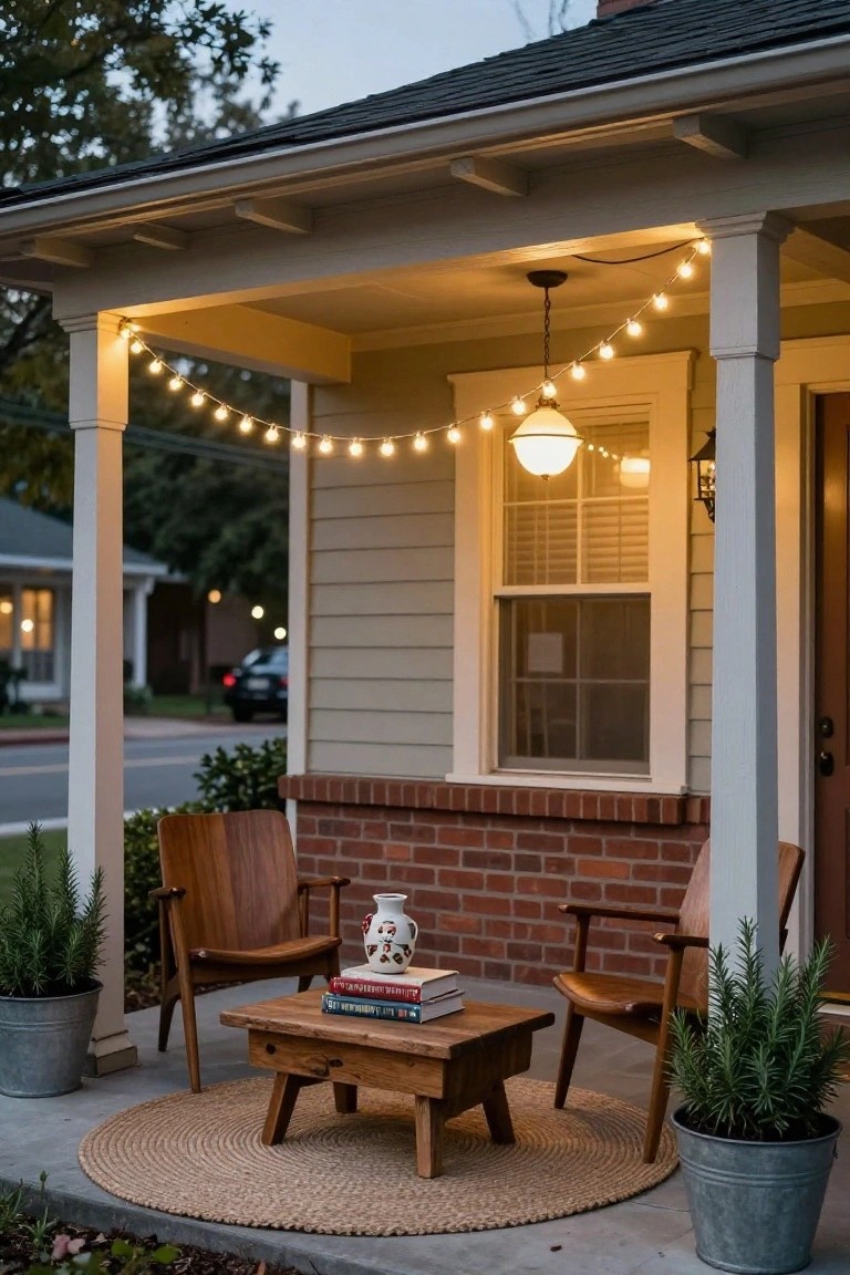 Front porch at dusk with beige clapboard house, brick base, wooden armchairs, low wooden coffee table with stacked books, potted rosemary plants in metal buckets, white vase, string lights overhead, hanging globe light, and lantern by wood front door.