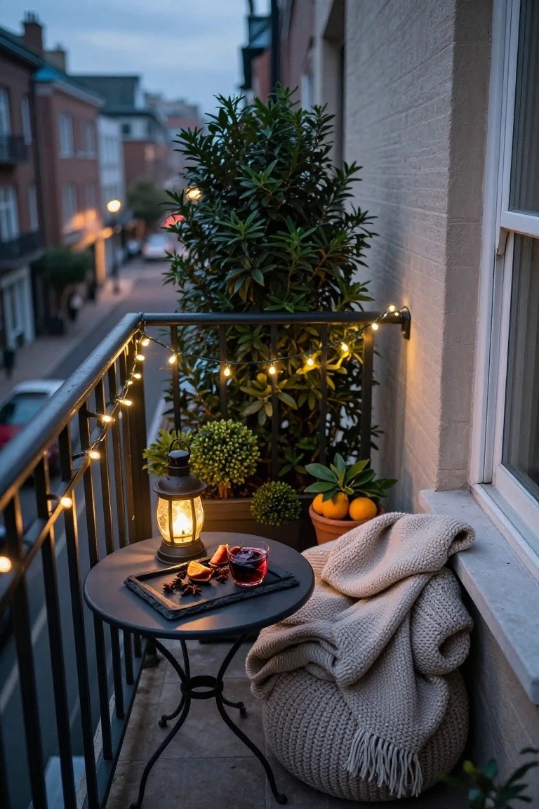 Balcony at dusk with black metal railing wrapped in white string lights, small round table holding a lantern, glass of red wine with orange slices and spices, potted plants, knitted blanket on a pouf, and view of brick buildings and street below.