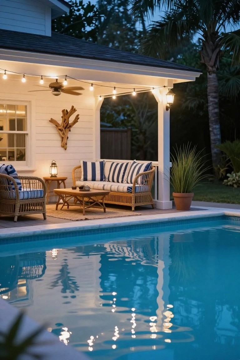 Covered white porch with rattan sofa, armchairs, coffee table, overhead string lights, hanging lantern, driftwood wall art, potted plants, and turquoise pool at dusk.