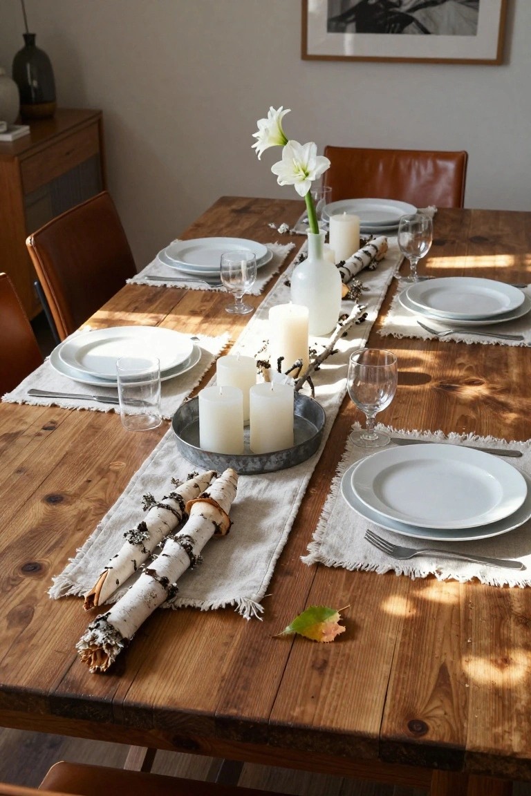 Wooden dining table with white plates, glassware, and fringed white linen placemats, centered by a white runner with birch branches, white candles in a metal tray, and a lily in a vase, surrounded by leather chairs.