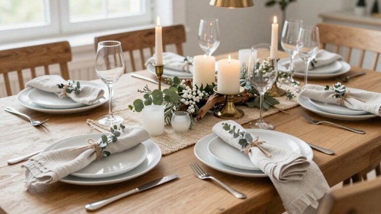Dining table with wooden surface, seagrass runner, centerpiece of eucalyptus garlands, white berries, pine sprigs, and driftwood, flanked by white candles in brass holders, white plates, linen napkins, glassware, and chairs under brass pendant lights.