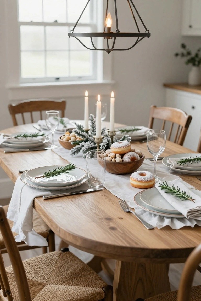 Oval wooden dining table set for Christmas with white plates garnished by rosemary sprigs on napkins, wooden bowls of powdered donuts and nuts, white candles in holders, wine glasses, and a white runner in a light-filled room with wooden chairs.