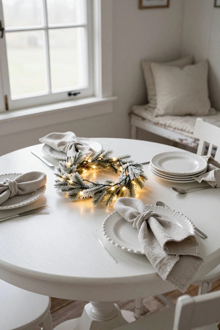 White round table set for a meal with a flat lighted faux evergreen wreath at center, stacked white plates, beige linen napkins, silverware, and stacked plates nearby, in a white interior dining nook by a window with beige bench cushions.