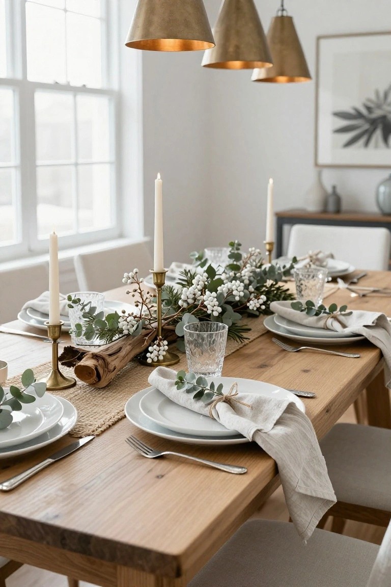 Dining table with wooden surface, seagrass runner, centerpiece of eucalyptus garlands, white berries, pine sprigs, and driftwood, flanked by white candles in brass holders, white plates, linen napkins, glassware, and chairs under brass pendant lights.