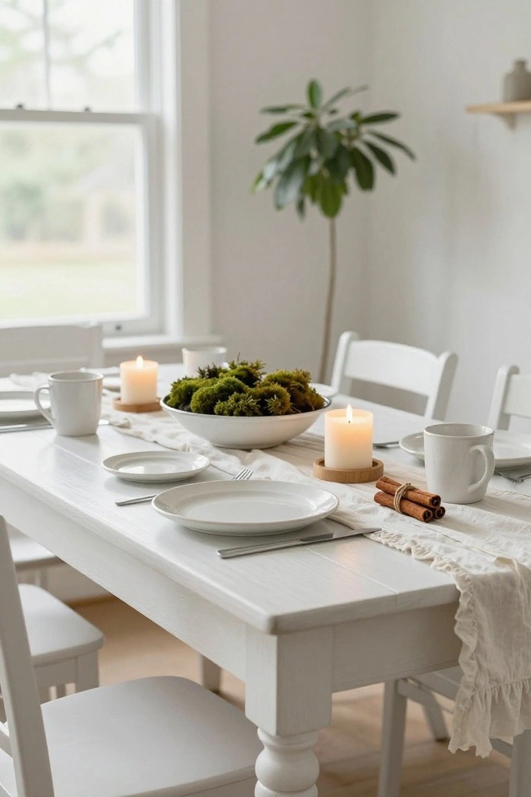 White dining table with large white bowl filled with green moss, lit pillar candles on wooden coasters, tied cinnamon sticks, white plates cups and utensils, white chairs, window view, and potted plant in airy room.