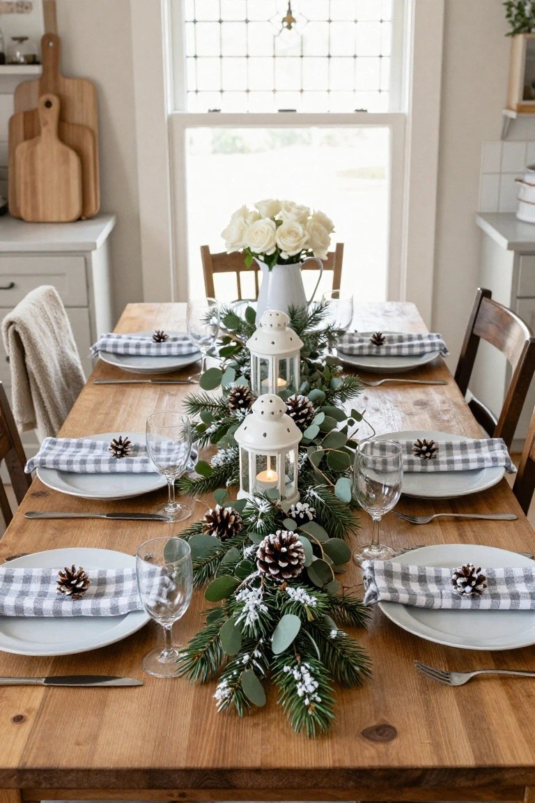 Wooden dining table set with white plates, checkered napkins topped with pinecones, wine glasses, and a central garland of eucalyptus, pine branches, frosted pinecones, and white lanterns, plus a vase of white roses nearby.