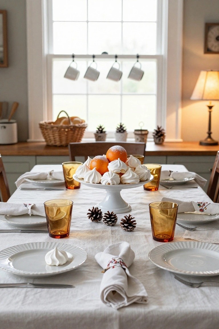 Dining table with white tablecloth set for Christmas, featuring pedestal centerpiece of oranges topped with meringue and surrounded by pinecones, amber glasses, white plates, and napkins.