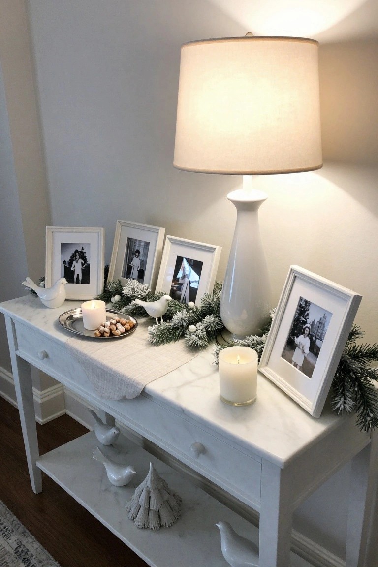 White marble console table in a light room decorated with snowy evergreen garland, white candles, white ceramic birds, a white vase lamp, white-framed black-and-white photos, and a small tray of nuts.