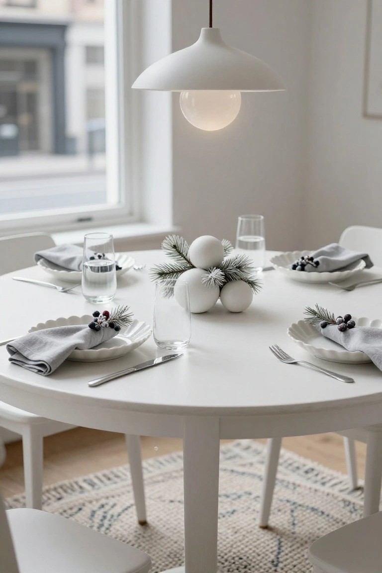 Round white wooden dining table set with white scalloped plates, gray linen napkins tied with fir sprigs and dark berries, clustered white ceramic baubles with greenery in the center, clear glasses, and silverware, under a white pendant lamp in a bright room with a window.