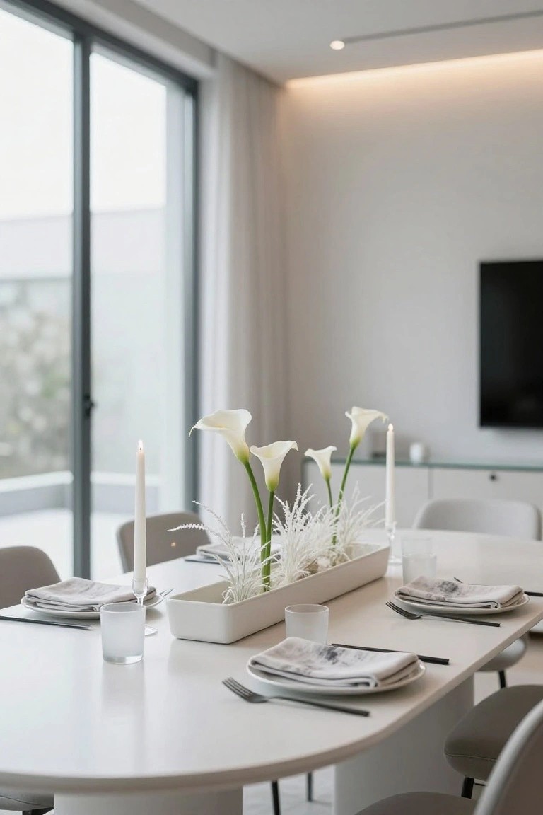 Modern white oval dining table set for a meal with a rectangular white tray centerpiece holding white calla lilies and white fluffy stems, flanked by three white candles, gray linen napkins, forks, plates, and glass tumblers, gray upholstered chairs, large glass doors and TV on white walls in background.