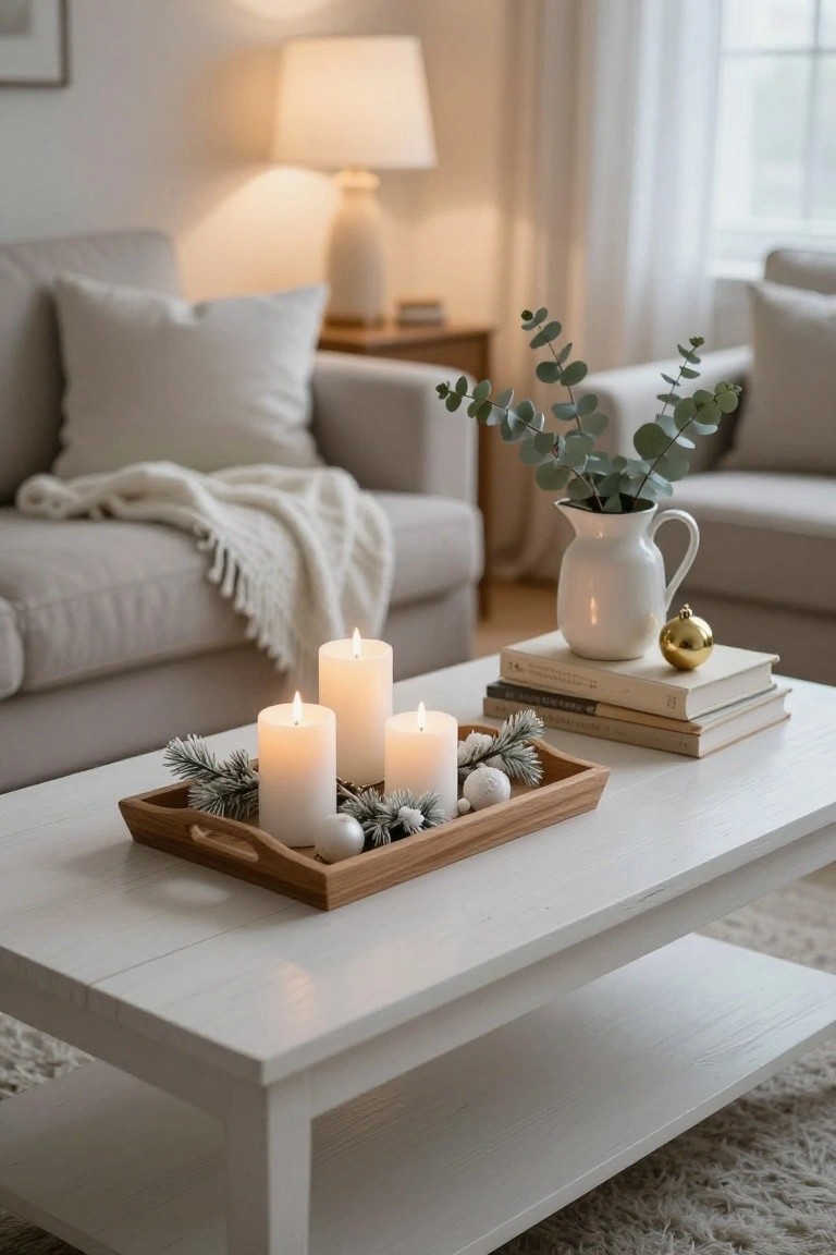 Living room coffee table with a wooden tray holding four lit white pillar candles surrounded by snowy pine sprigs and white pom-poms, next to stacked books and a gold Christmas ornament.