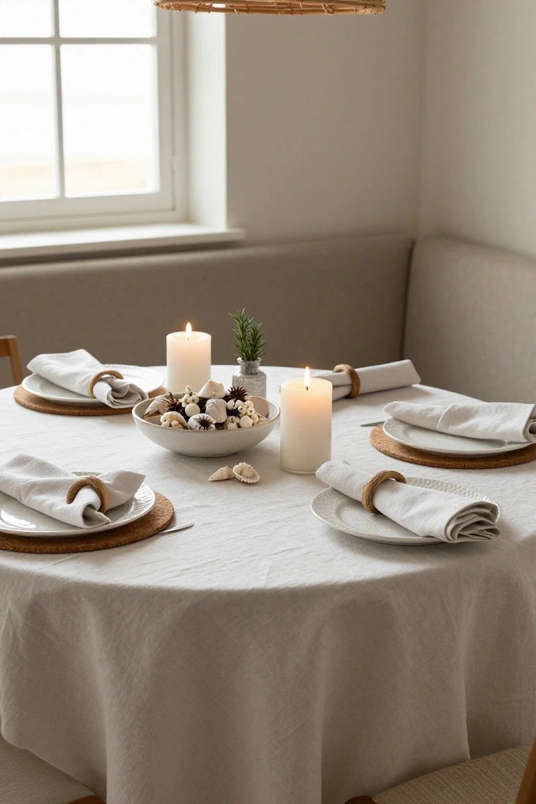 A round dining table draped in white linen cloth, set for four with white plates on cork placemats, folded white linen napkins in wooden rings, four white pillar candles, a central white bowl of seashells pinecones white berries and rosemary sprigs, beside a beige built-in bench under a window.