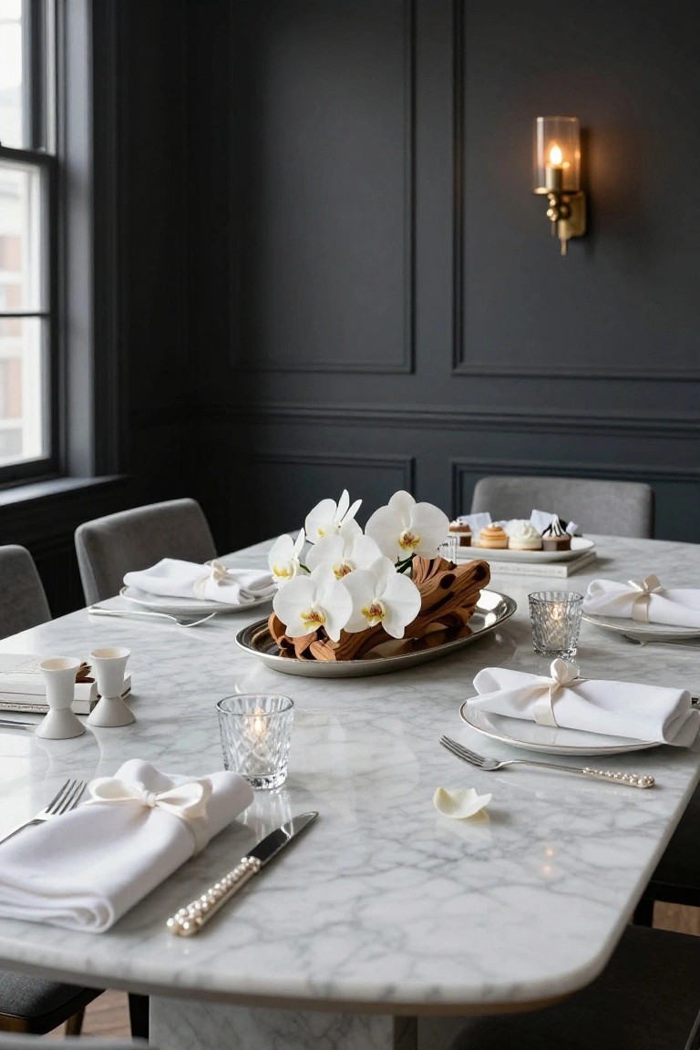 Close-up of a marble dining table set for Christmas with a white orchid centerpiece on a wood slice in a silver tray, white linens with bows, small pastries, candles, and gray upholstered chairs in a dark-paneled room.